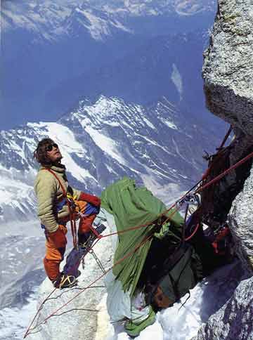 
Kim Schmitz at Camp 3 looking up at Gauri Shankar on the first ascent of Gauri Shankar
